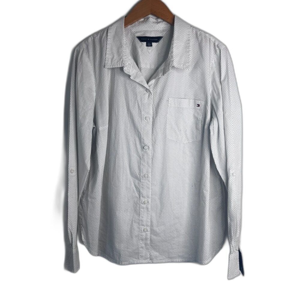 Tommy Hilfiger Dotted White 100% Cotton Long Sleeve Button Front Shirt Size LG